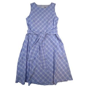 Anne Klein Blue White Plaid Sleeveless Belted Midi Dress – Size 16
